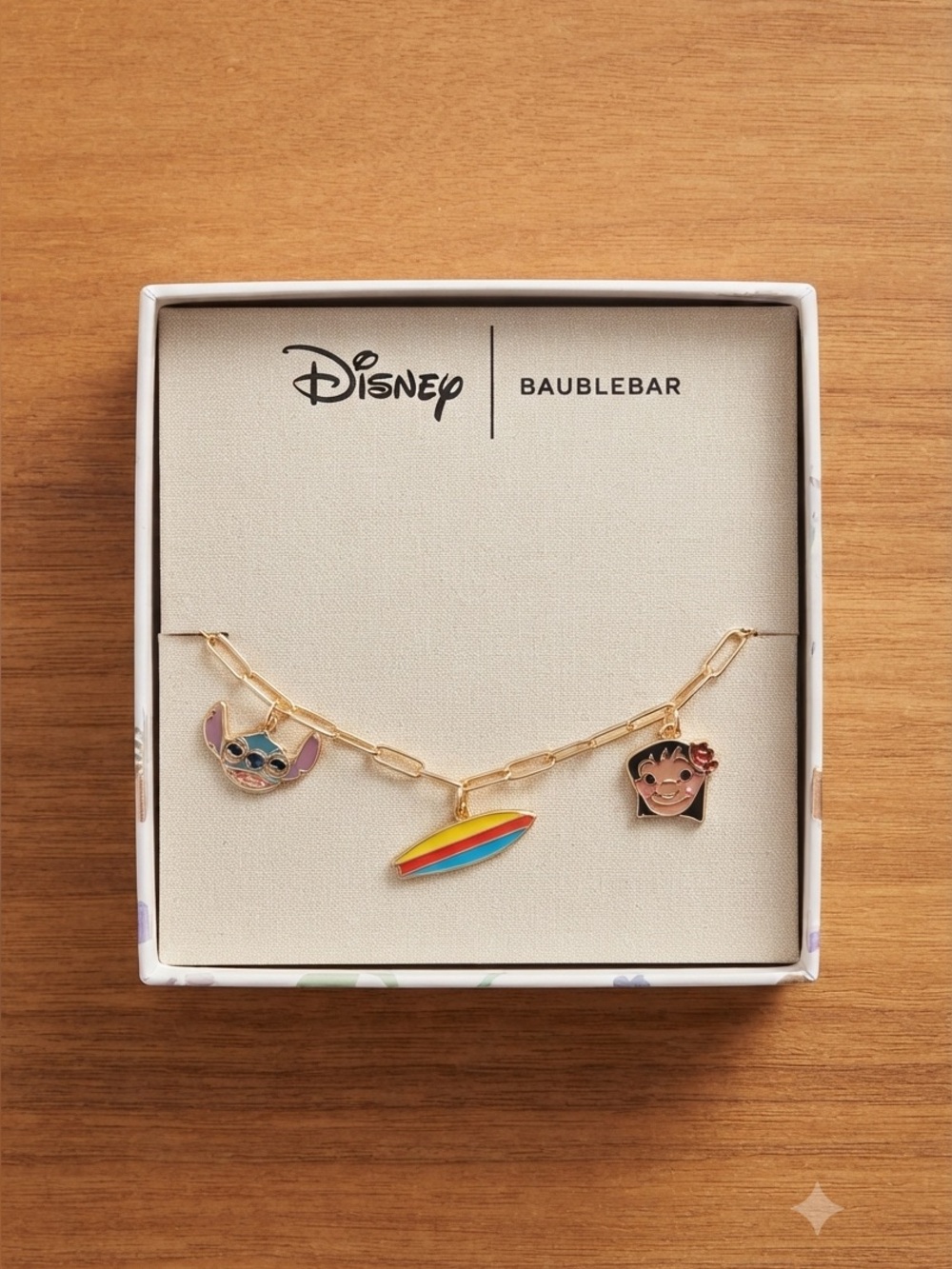 Disney BaubleBar Lilo And Stitch Surfboard Gold Charm Bracelet NIB Hawaii